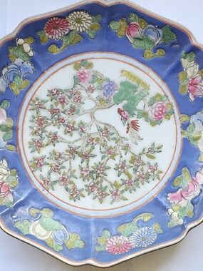 Vintage Hand-Painted Ceramic Decorative Plate in Blue and Pink and Green